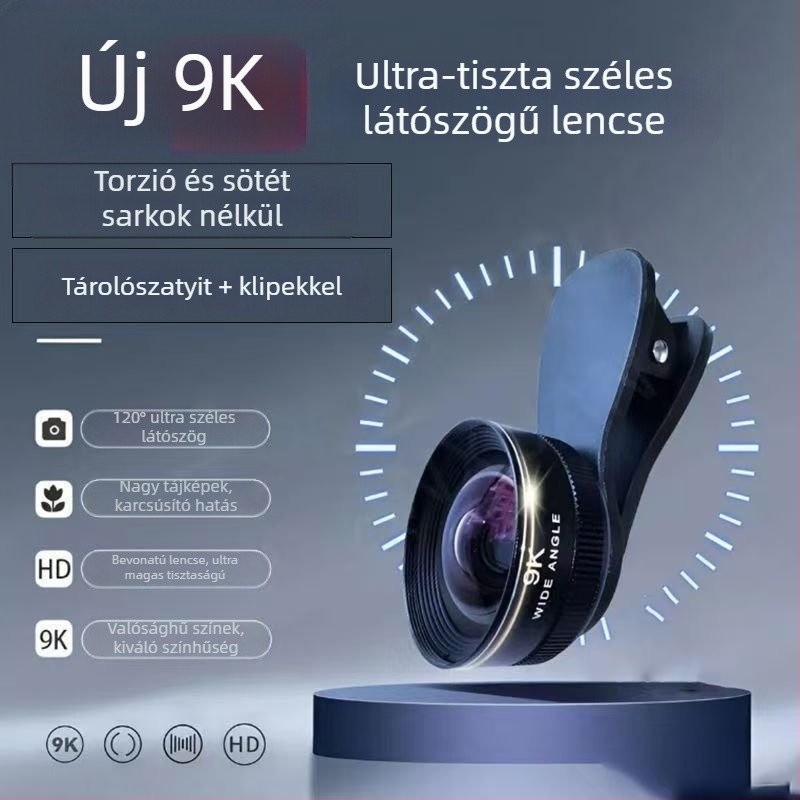 Mobiltelefon széles látószögű objektív, 9K Ultra HD, elő- és hátsó használatra, élő videó, selfie tükör, torzításmentes