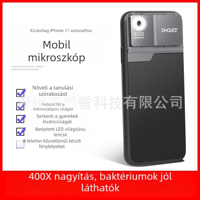 LED világítással ellátott telefonos mikroszkóp, kompatibilis iPhone 16/15/14 Pro Max, 400× nagyítás