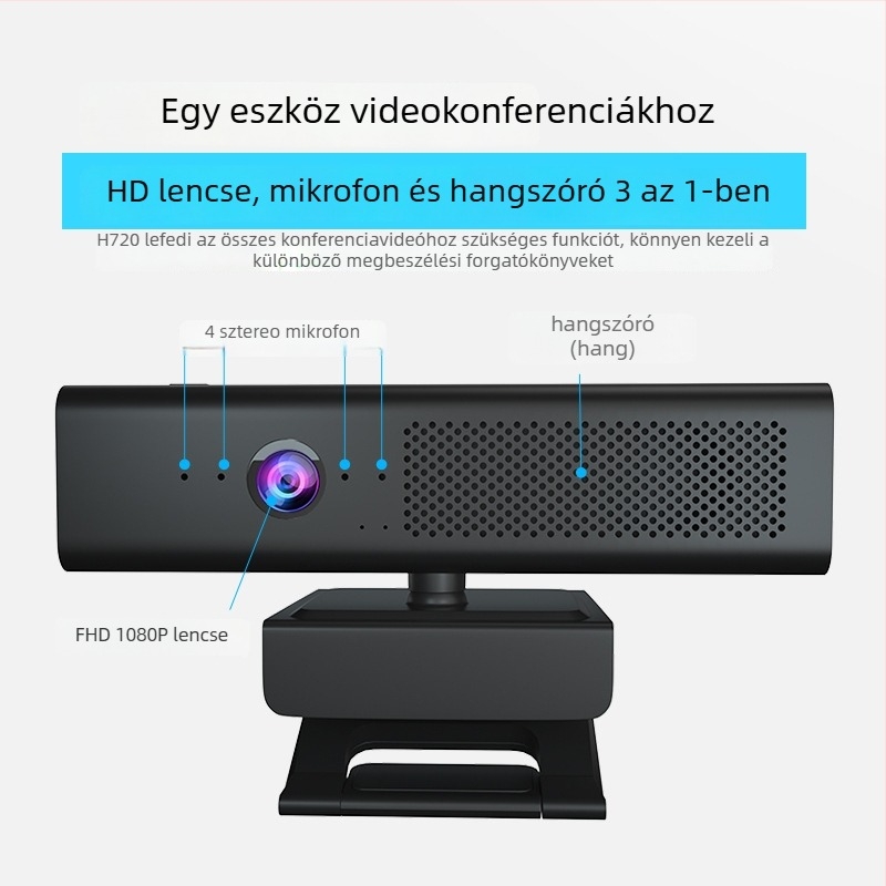 USB webkamera beépített mikrofonnal és hangszóróval, 1080p, 30FPS, USB 2.0, fix fókusz, Windows/Mac, 1.7m kábel, modell H720C