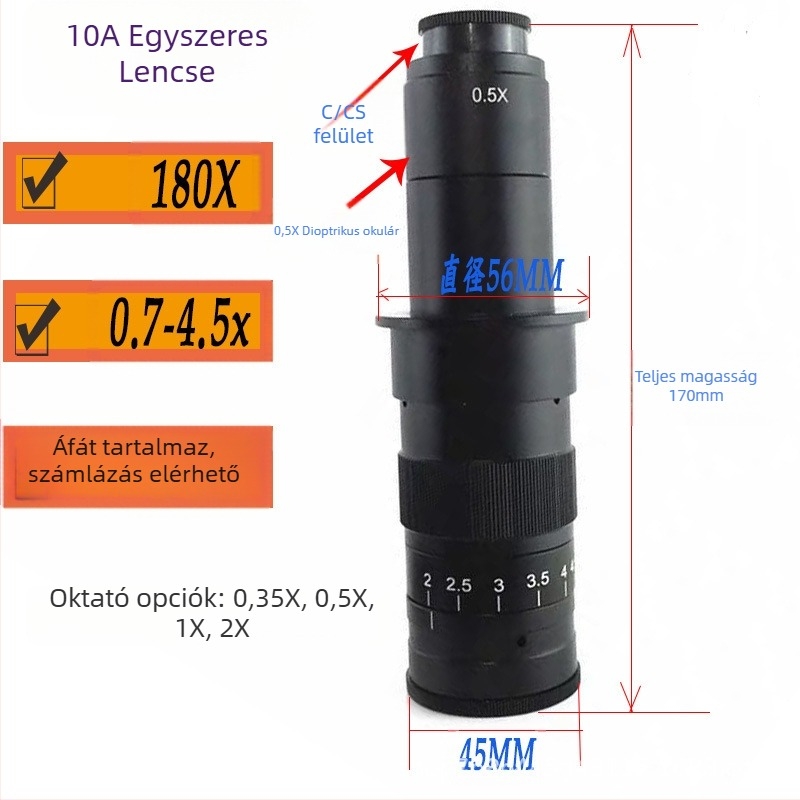 600X folyamatos zoom Mikroszkópos objektív monocularis okulárral, 0.7x-4.5x, 300x nagyítás, 10A objektív