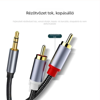 3,5 mm-es átalakító kábel két RCA sztereóhoz, aranyozott rézvezető