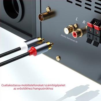 3,5 mm-es átalakító kábel két RCA sztereóhoz, aranyozott rézvezető