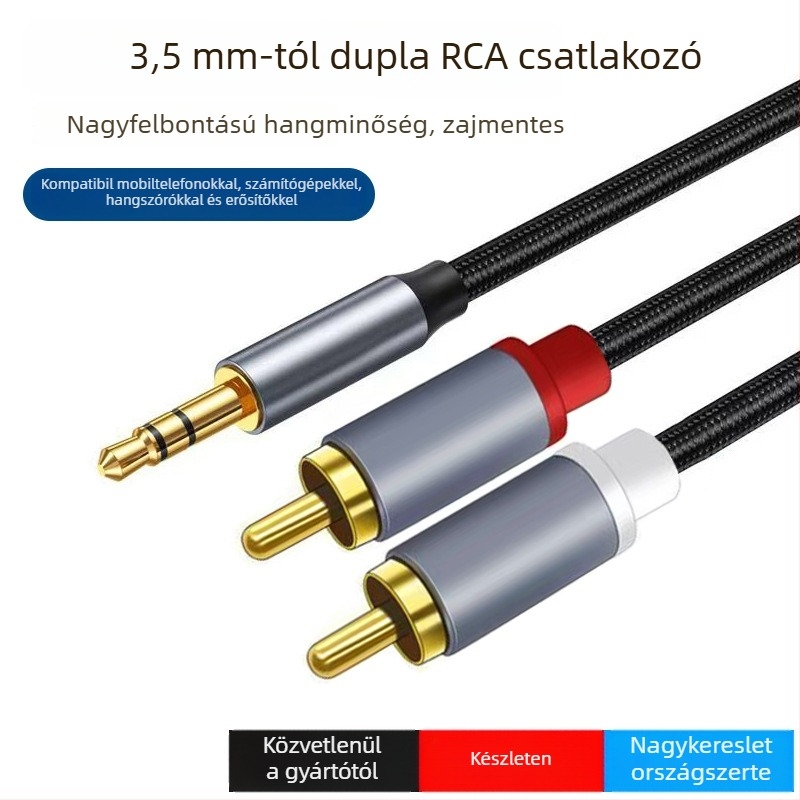 3,5 mm-es átalakító kábel két RCA sztereóhoz, aranyozott rézvezető