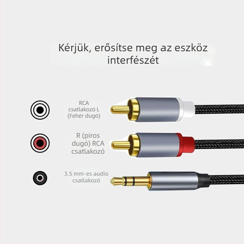 3,5 mm-es átalakító kábel két RCA sztereóhoz, aranyozott rézvezető
