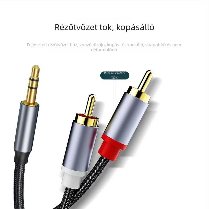 3,5 mm-es átalakító kábel két RCA sztereóhoz, aranyozott rézvezető