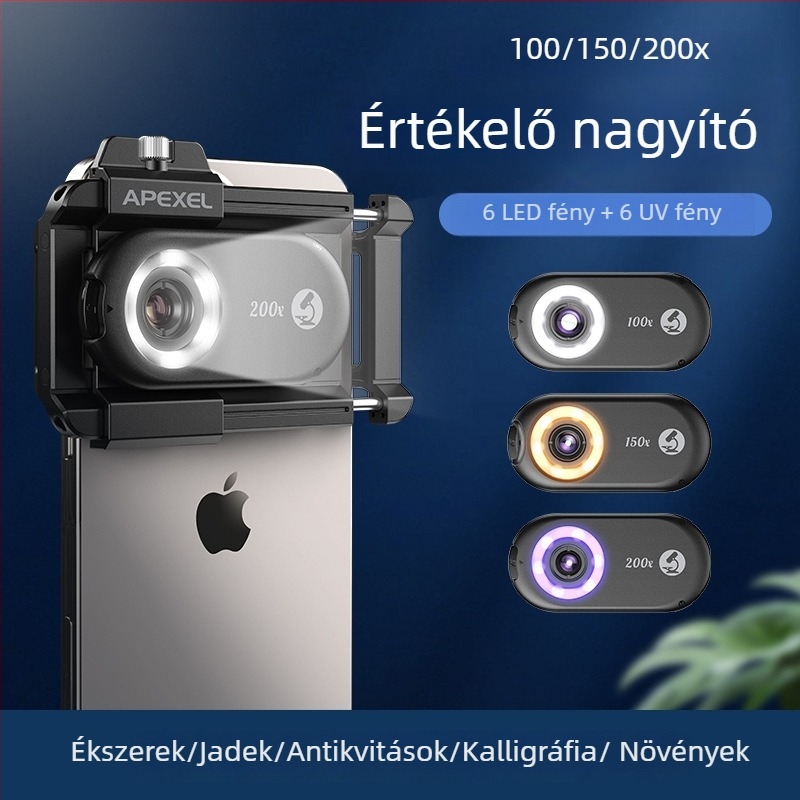 APEXEL APL-MS200 okostelefonhoz tervezett hordozható mikroszkóp CPL-szűrővel, 100x/150x/200x nagyítás