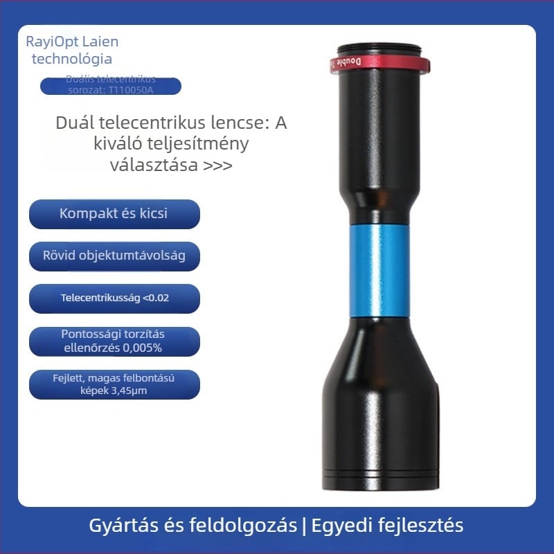 Lane T110050A bi-télecentrikus ipari objektív, kompakt kialakítás, rövid tárgytávolság, 3,45 μm pixellépéssel, torzításmentes HD