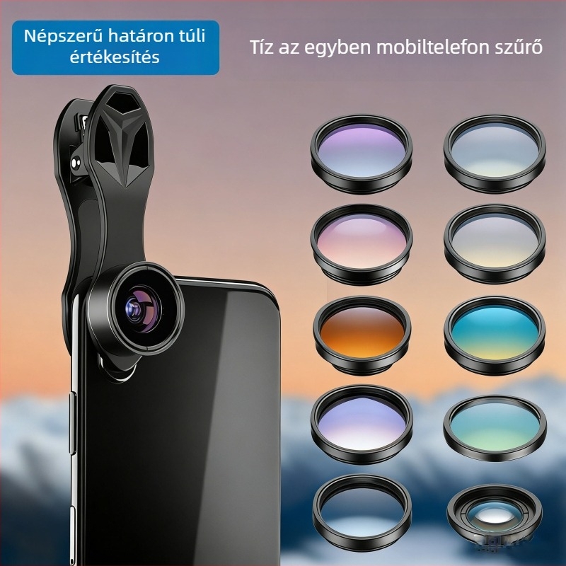Külső mobiltelefon objektív készlet: fisheye, széles látószög, makro és teleobjektív kiegészítő szűrővel, 3 az 1-ben és 10 az 1-ben