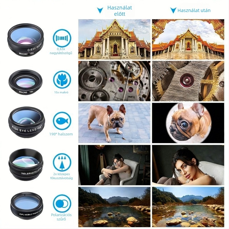 Külső mobiltelefon objektív készlet: fisheye, széles látószög, makro és teleobjektív kiegészítő szűrővel, 3 az 1-ben és 10 az 1-ben