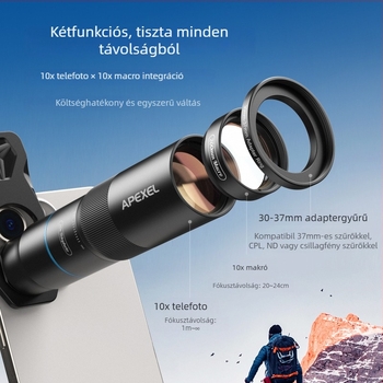 Apexel Apl-tm10x Mobiltelefonhoz teleobjektív makro lencse, 10x ED lencse, monokuláris teleszkóp, kompatibil Apple és Android