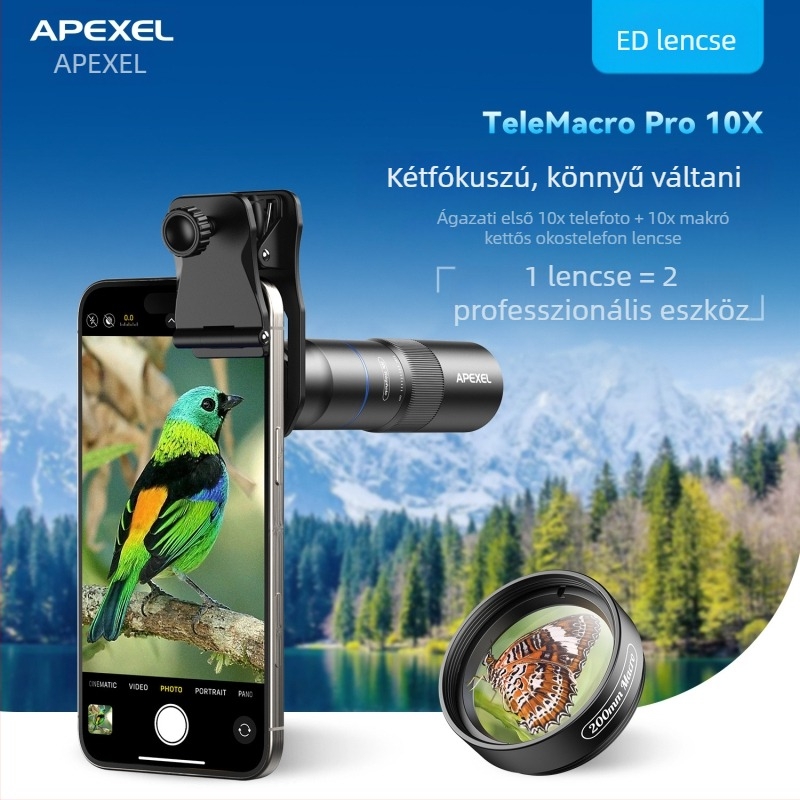 Apexel Apl-tm10x Mobiltelefonhoz teleobjektív makro lencse, 10x ED lencse, monokuláris teleszkóp, kompatibil Apple és Android