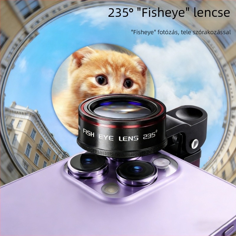 Külső mobiltelefon kameraobjektív: 0.62x széles látószög, 235° fisheye, 25x makró, 3 az 1-ben