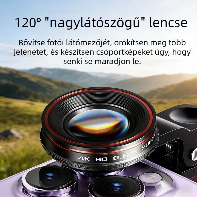 Külső mobiltelefon kameraobjektív: 0.62x széles látószög, 235° fisheye, 25x makró, 3 az 1-ben