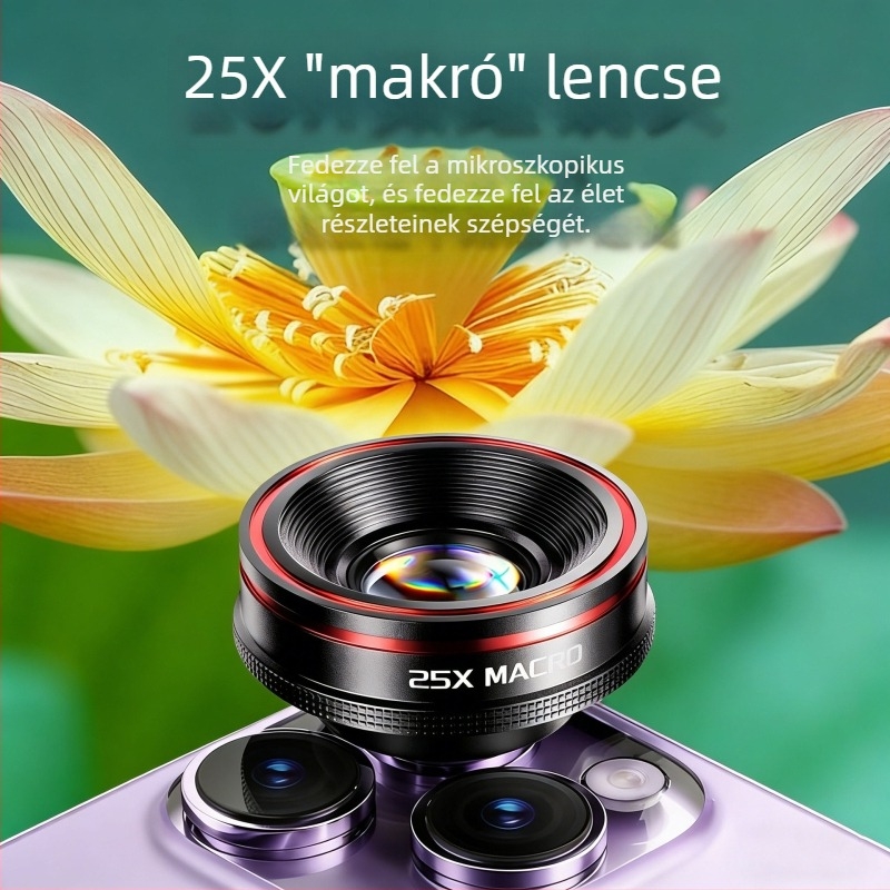 Külső mobiltelefon kameraobjektív: 0.62x széles látószög, 235° fisheye, 25x makró, 3 az 1-ben