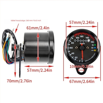 LED-indikátorokkal ellátott elektronikus tachométer, háromfényes modell, 0-160 km tartomány, 12V tápegység.