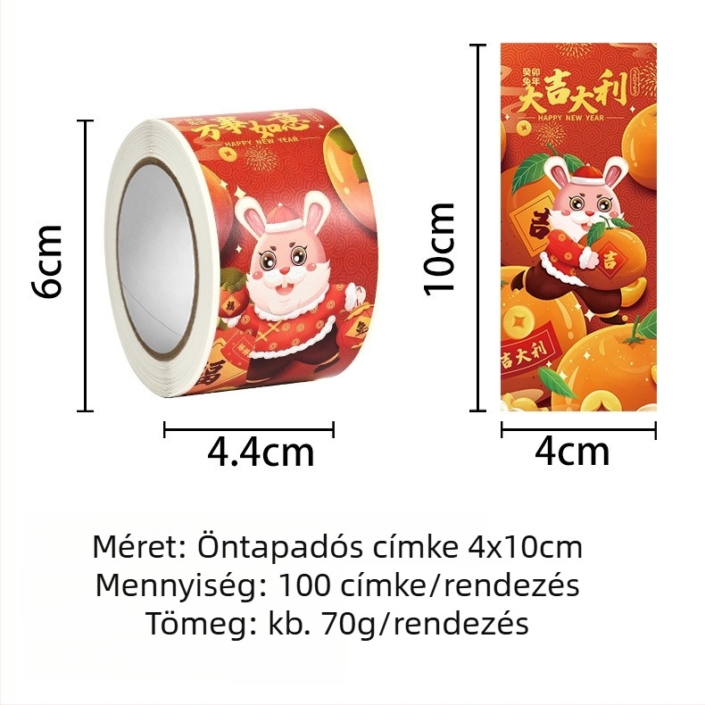 Díszítő öntapadós matricák, téglalap alakú, privát márkás címke elérhető, tekercsenként 100 matrica, Áldás a Nyúl évére
