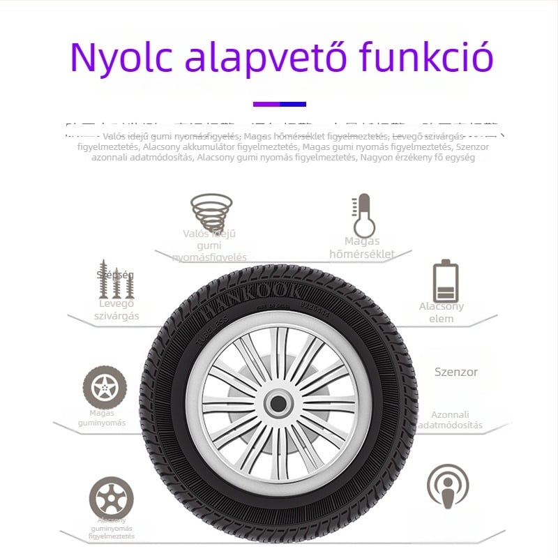 Autó gumiabroncsnyomás-figyelő rendszer beépített és külső vezeték nélküli szenzorokkal, magas pontosságú, 4 kerékre kiterjedő kijelző