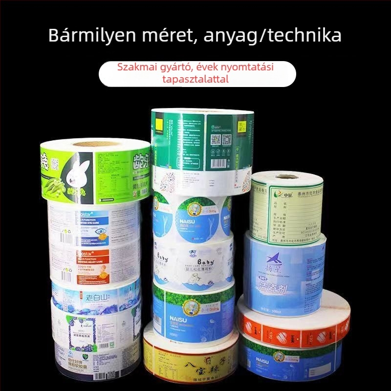 Személyre szabott címke tekercs - öntapadó PVC, átlátszó, vízálló, melegnyomásos domborítás, vastagság 0,01 mm