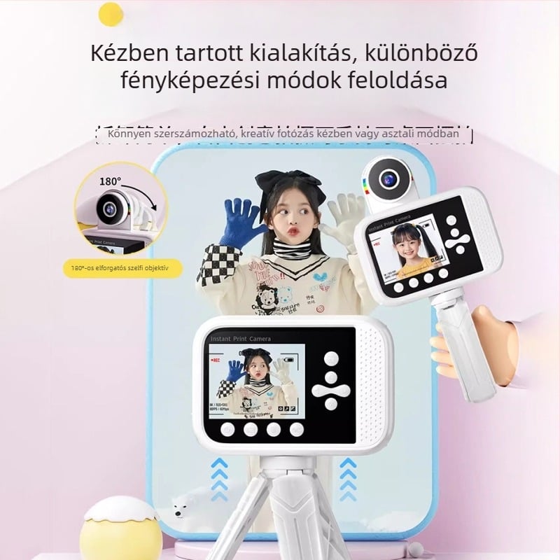 Polaroid-stílusú gyerekkamera K23 – azonnali nyomtatás, 2,4 hüvelykes LCD, TF-kártya, videófelvétel, 5-6 óra üzemidő