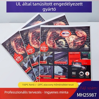 Sütőcímke, vízálló és hőálló, PET öntapadós, téglalap alakú, hőmérséklet-tartomány -40…280 °C, ragasztó típusok: olajos/vizes/eltávolítható, CSA tanúsítvány
