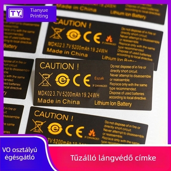 UL94 tűzálló címke, UL-sertifikált magas hőmérsékletnek ellenálló energiatároló akkumulátor címke, angol figyelmeztető felirattal