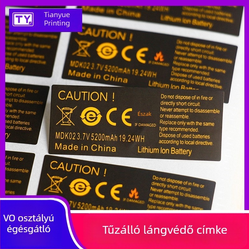 UL94 tűzálló címke, UL-sertifikált magas hőmérsékletnek ellenálló energiatároló akkumulátor címke, angol figyelmeztető felirattal