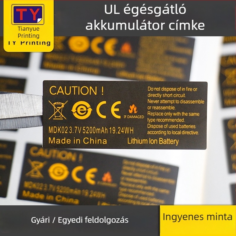 UL94 tűzálló címke, UL-sertifikált magas hőmérsékletnek ellenálló energiatároló akkumulátor címke, angol figyelmeztető felirattal