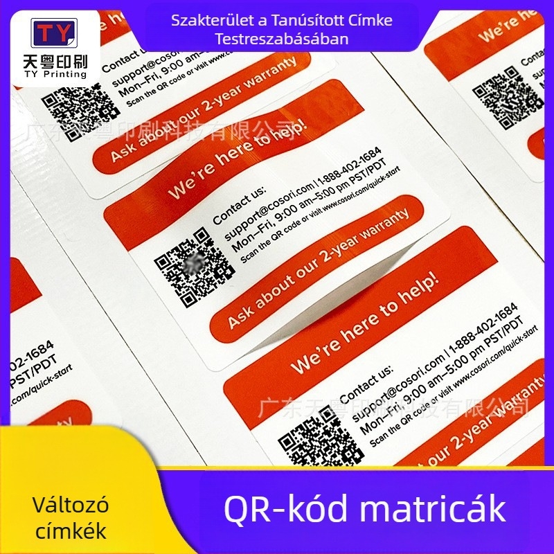 QR-kód címke - Vízálló és kopásálló, PET önszalag, téglalap alakú, testre szabható vastagság, -40°C-tól 280°C-ig terjedő hőtűrés