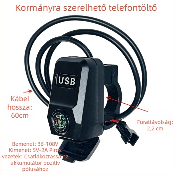Univerzális USB töltő elektromos kerékpárokhoz, kormányra szerelt iránytűvel, 36–108V