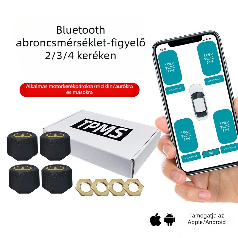 Motorkerékpár TPMS Bluetooth BLE01 – Ronghezheng, digitális kijelző, 0.7–7 bar, réz + ABS