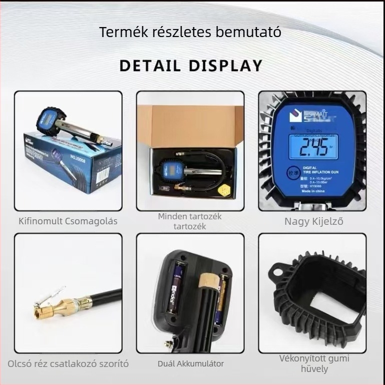 Elektronikus guminyomás-mérő digitális kijelzővel, nagy pontosságú, légtömlő fújópisztollyal, modell No.20008, márka Smet