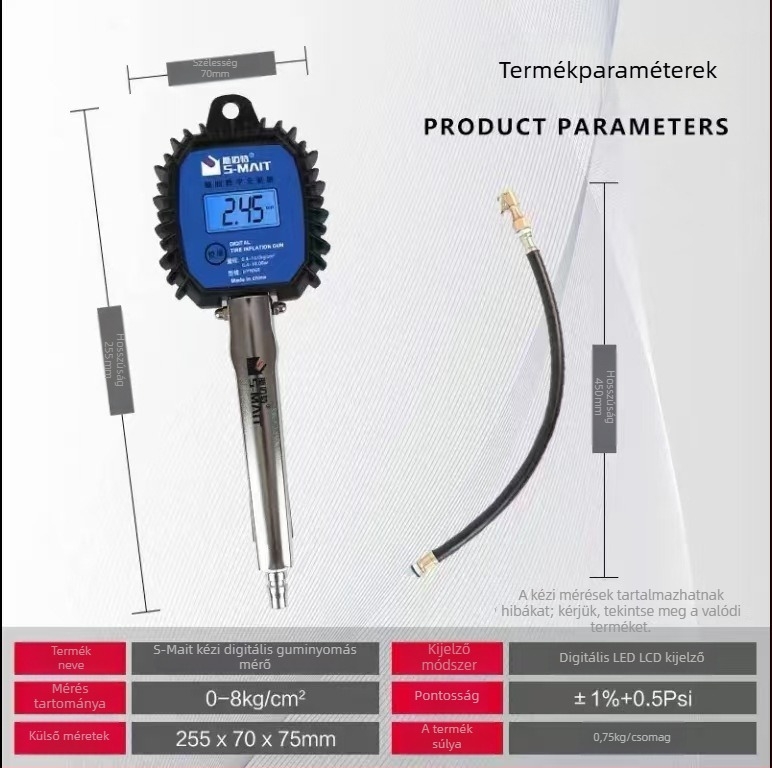 Elektronikus guminyomás-mérő digitális kijelzővel, nagy pontosságú, légtömlő fújópisztollyal, modell No.20008, márka Smet