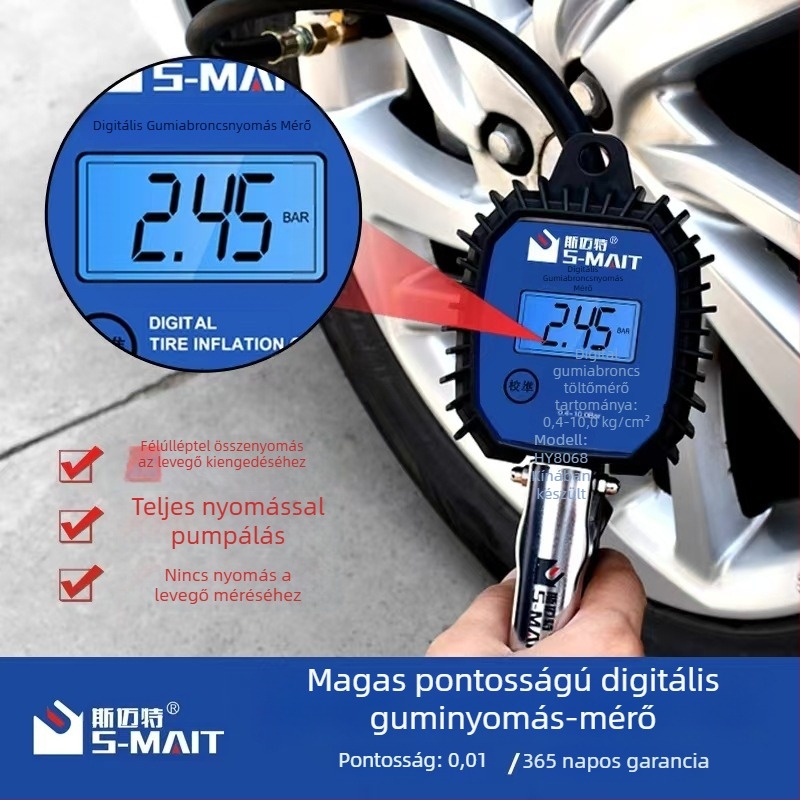 Elektronikus guminyomás-mérő digitális kijelzővel, nagy pontosságú, légtömlő fújópisztollyal, modell No.20008, márka Smet