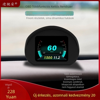 Autó HUD kijelző diagnosztikai kódokkal és sebességmérővel – modell tca01; felbontás 320x240; tápegység OBD interfészen keresztül; bemeneti jel: autóadatok; anyag PC+ABS; márka Tuchi'an