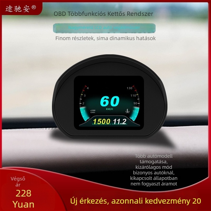Autó HUD kijelző diagnosztikai kódokkal és sebességmérővel – modell tca01; felbontás 320x240; tápegység OBD interfészen keresztül; bemeneti jel: autóadatok; anyag PC+ABS; márka Tuchi'an