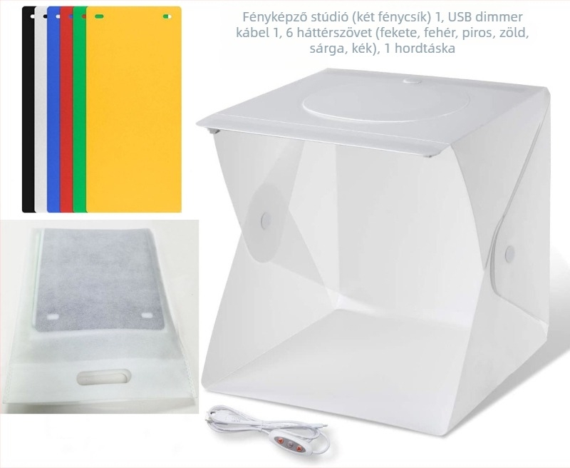 Két LED-es állítható fényerősségű összecsukható fotófénybox felülről történő fotózáshoz, hat háttérpanellel