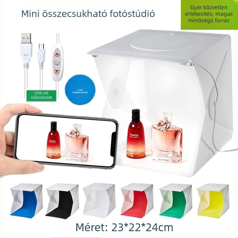 Két LED-es állítható fényerősségű összecsukható fotófénybox felülről történő fotózáshoz, hat háttérpanellel
