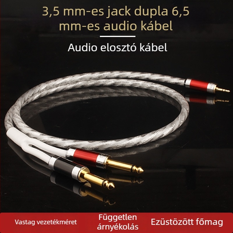 3,5 mm-es to 2x6,5 mm-es audio kábel, tiszta réz ezüstözéssel, kétvezetékes árnyékolt, PVC burkolat, hang- és videó eszközökhöz