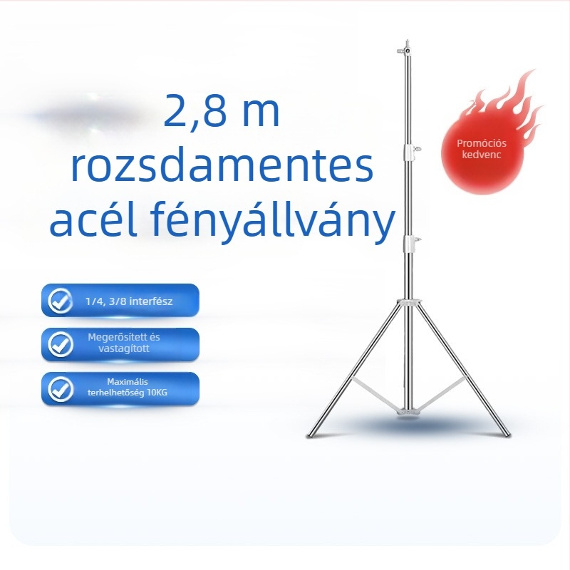 Rozsdamentes acél fotózás fényállványa, 3 részes, csőátmérő 25-30-35 mm, teherbírás 10 kg, súly 2,2 kg.