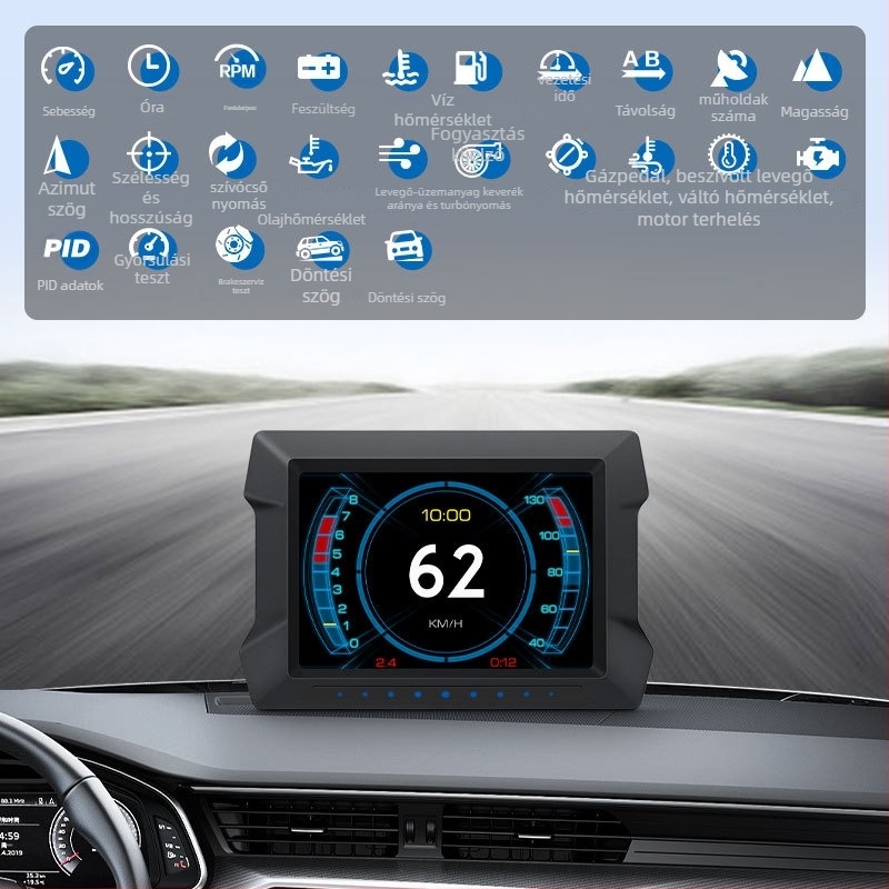 Luyang Intelligence LCD HUD autóhoz — Modell P22, HD felbontás, OBD interfészből történő táplálás, OBD+GPS Beidou bemenet, ABS/PC ház