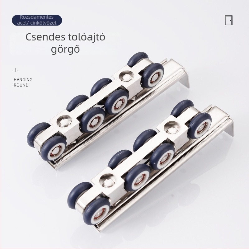 Rozsdamentes acél tolóajtó görgő nylon csapággyal; csendes, sima működés; terhelés 45–75 kg; modellek: 4 görgő, 6 görgő duplán rúd, 8 görgő egy/dupla rúd, 12 görgő duplán rúd; modern, egyszerű kivitel; OEM logó