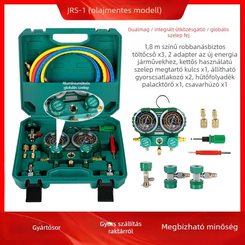 Autóklíma hűtőközeg mérő, dupla nyomásmérővel, modell JRS-1, olajmentes, kompatibil R134A/R22/R410