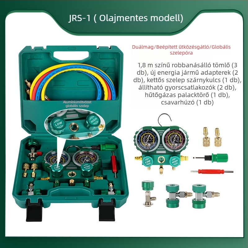 Autóklíma hűtőközeg mérő, dupla nyomásmérővel, modell JRS-1, olajmentes, kompatibil R134A/R22/R410