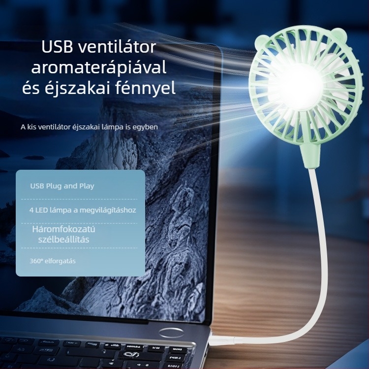 USB asztali ventilátor brushless motorral, 6 lapáttal, 3 sebességfokozat, éjjeli fény