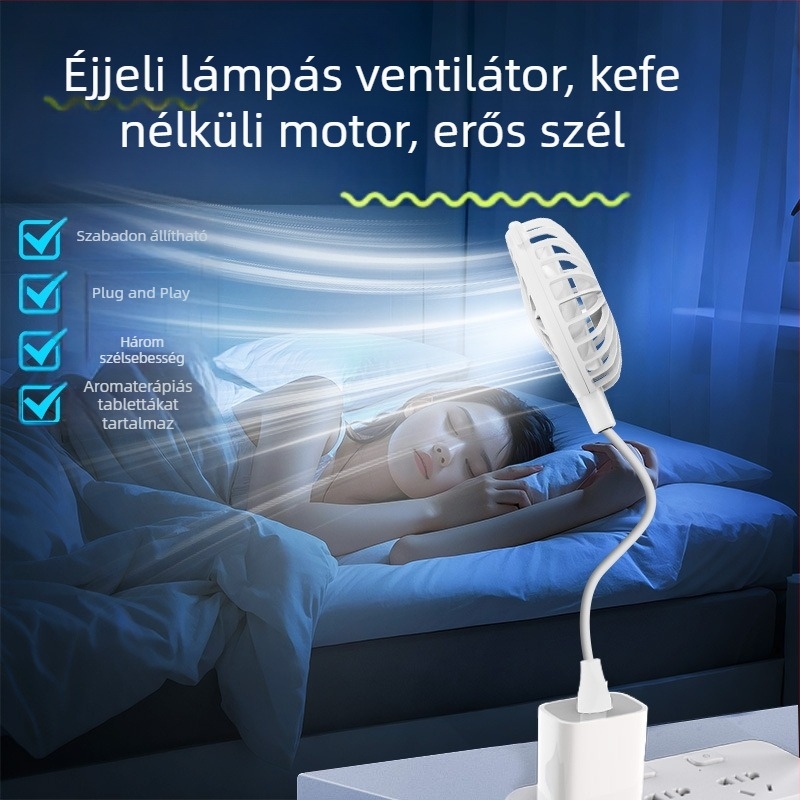 USB asztali ventilátor brushless motorral, 6 lapáttal, 3 sebességfokozat, éjjeli fény