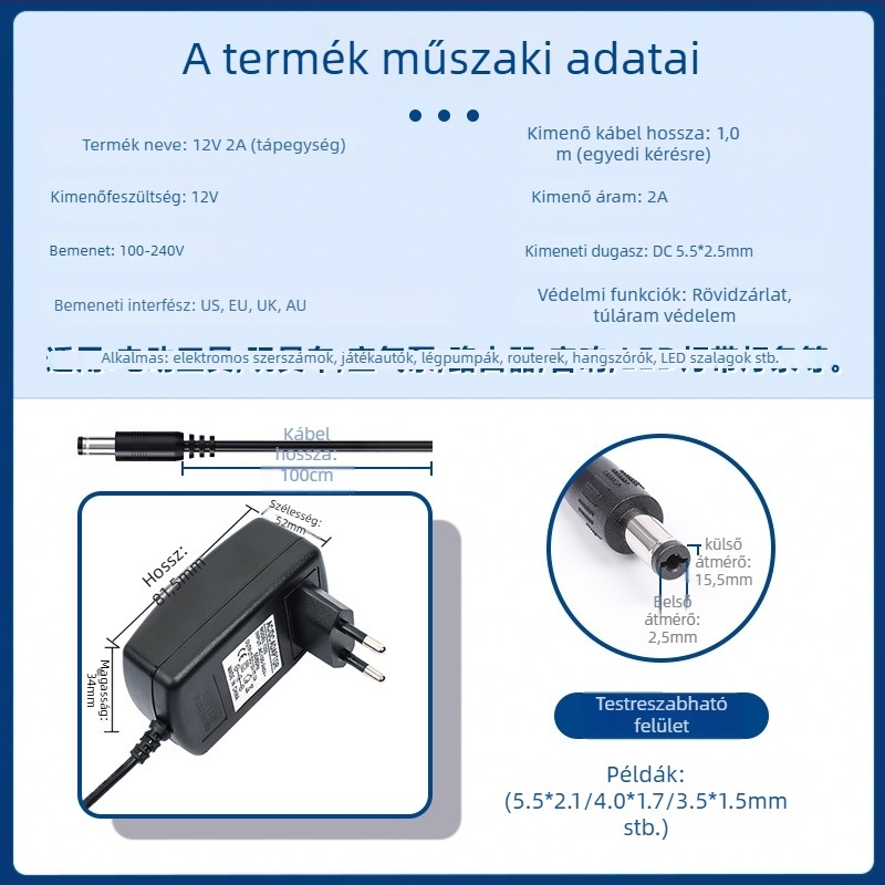 Kai Shuo tápadapter, 12V 2A, kiválasztható kimenetek 5V/9V/12V/24V/36V, digitális háztartási készülékekhez