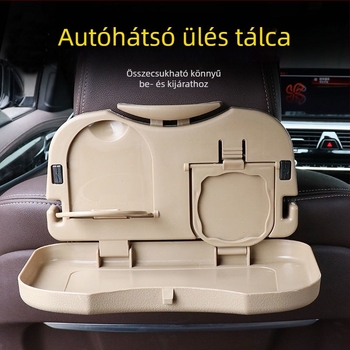 Autó hátulsó üléséhez való étkezőasztal összecsukható tálcával, pohártartóval és tárolópolccal; többfunkciós asztal számítógép/tabletához