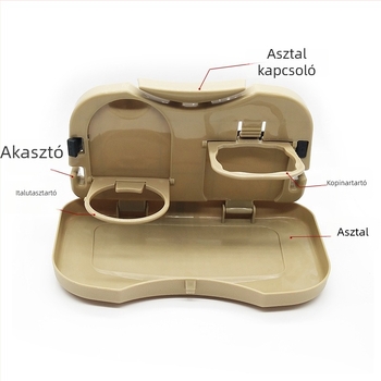 Autó hátulsó üléséhez való étkezőasztal összecsukható tálcával, pohártartóval és tárolópolccal; többfunkciós asztal számítógép/tabletához