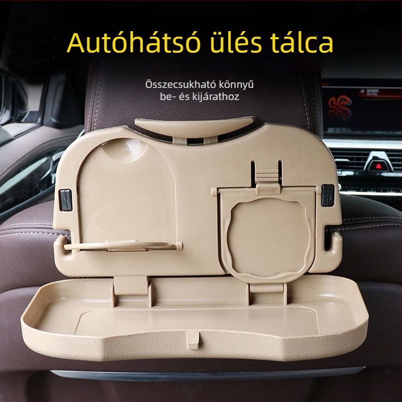 Autó hátulsó üléséhez való étkezőasztal összecsukható tálcával, pohártartóval és tárolópolccal; többfunkciós asztal számítógép/tabletához