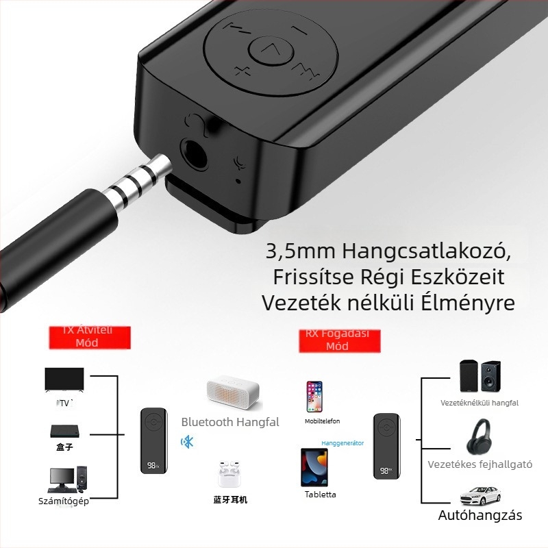 Bluetooth 5.3 audio adó-vevő digitális kijelzővel - Lavalier adapter, AUX 3.5 mm, Plug-and-Play, külső tápegység nélkül, 10 m hatótávolság, 100 Mbps
